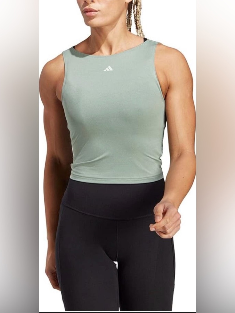 Adidas Women's Sage Green Sleeveless Crop Tank open back athletic,run, lift S